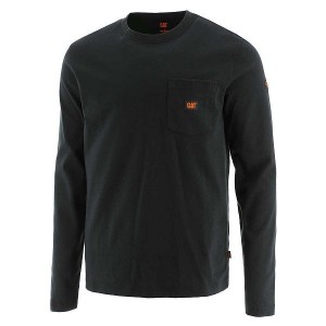 Black Men's Caterpillar Flame Resistant Logo Pocket Long Sleeve Tee T-Shirt | 562834-LAM