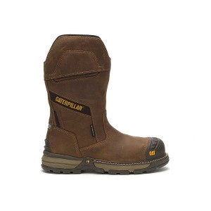 Brown Men's Caterpillar Excavator Superlite Pull-On Waterproof Carbon Composite Toe Work Boots | 526349-LSQ