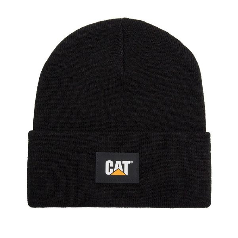 Black Men\'s Caterpillar Cat Label Cuff Beanie | 158026-MJA