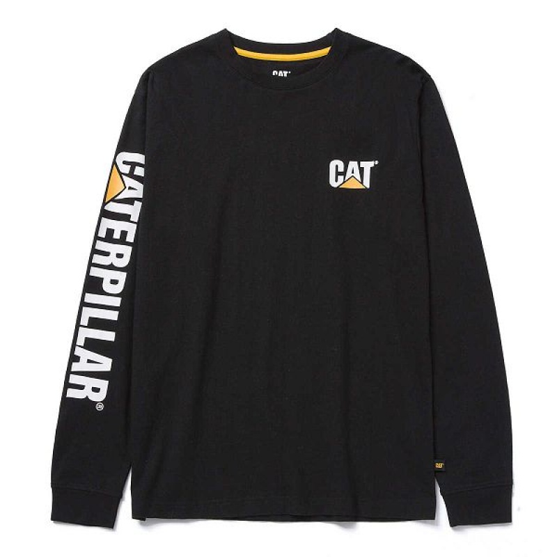 Black Men's Caterpillar Trademark Banner Long Sleeve Tee T-Shirt | 153284-HSJ