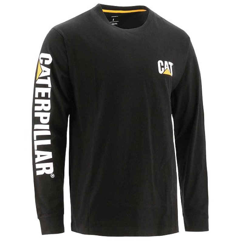 Black Men\'s Caterpillar Trademark Banner Long Sleeve Tee T-Shirt | 153284-HSJ