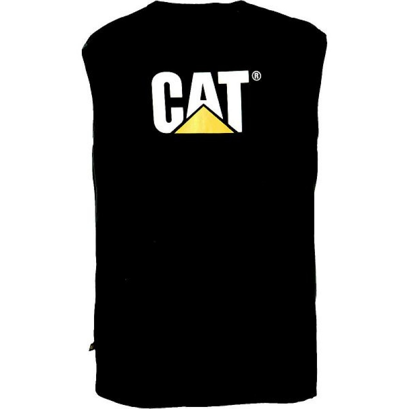 Black Men's Caterpillar Trademark Sleeveless Pocket Tee T-Shirt | 062937-PCA