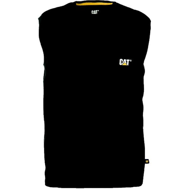 Black Men\'s Caterpillar Trademark Sleeveless Pocket Tee T-Shirt | 062937-PCA