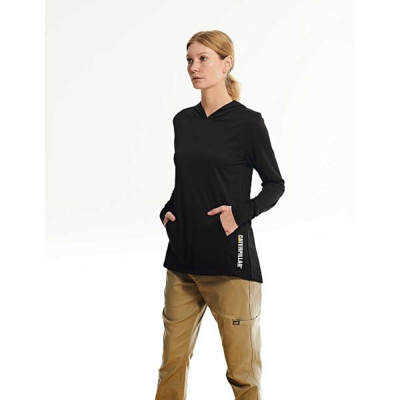 Black Women's Caterpillar Coolmax Lightweight Pullover Hoodie | 163490-HJM