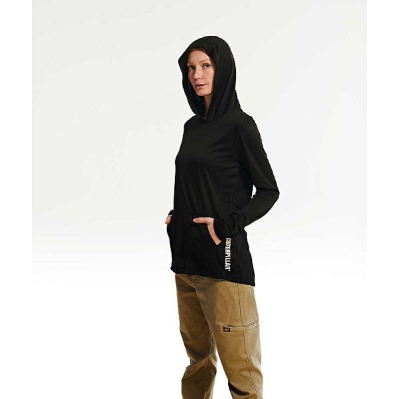 Black Women's Caterpillar Coolmax Lightweight Pullover Hoodie | 163490-HJM