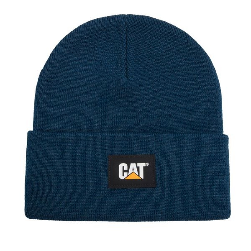 Blue Men\'s Caterpillar Cat Label Cuff Beanie | 405761-CRJ