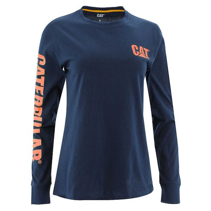 Blue Women\'s Caterpillar Trademark Banner Long Sleeve Tee T-Shirt | 584927-CDS