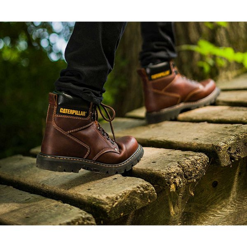 Brown Men's Caterpillar Second Shift Work Boots | 482930-UQY