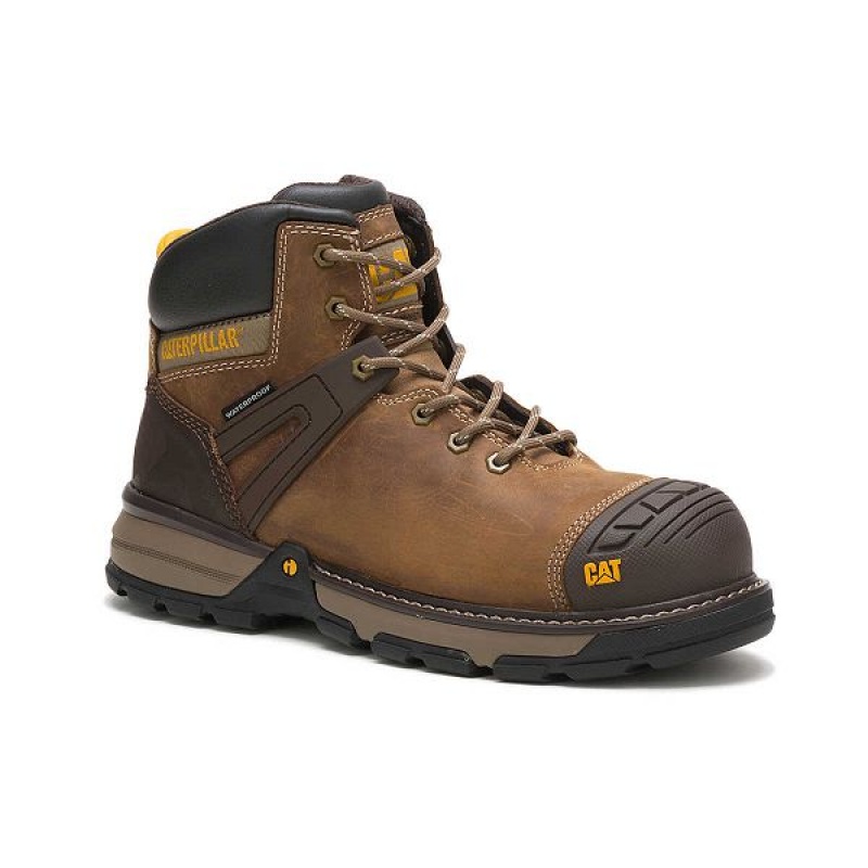 Dark / Beige Men's Caterpillar Excavator Superlite Waterproof Carbon Composite Toe Work Boots | 859716-OTC