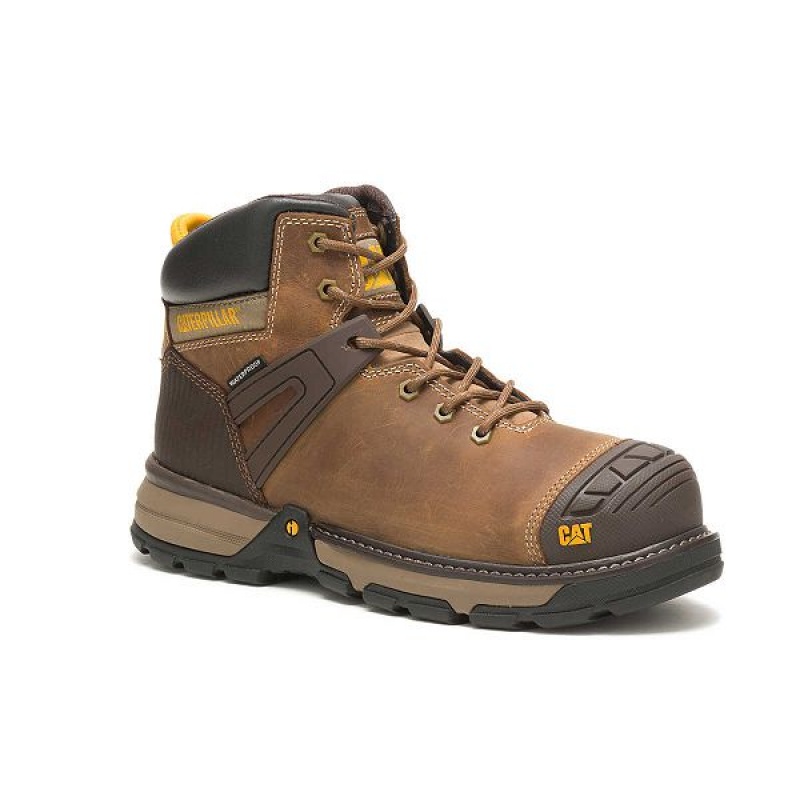 Dark / Beige Men's Caterpillar Excavator Superlite Waterproof Soft Toe Work Boots | 689430-PFZ