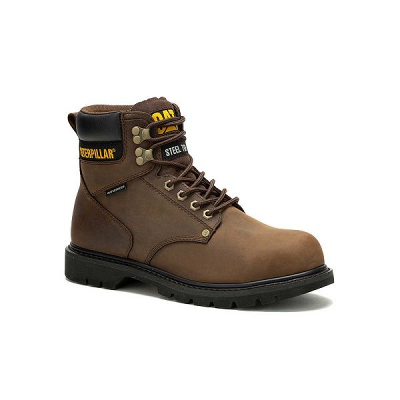 Dark / Brown Men's Caterpillar Second Shift Waterproof Steel Toe Work Boots | 513867-JMA