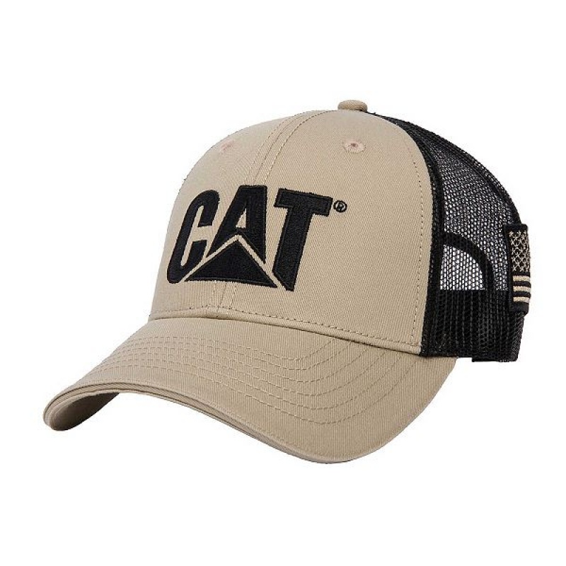 Khaki Men\'s Caterpillar Cat Logo Flag Hats | 428516-TZB