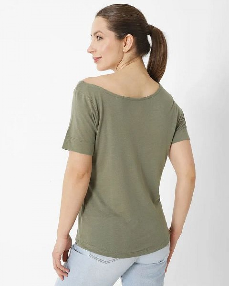 Khaki Women's Caterpillar Short Sleeve W Off The Shoulder Tee T-Shirt | 690185-AJY