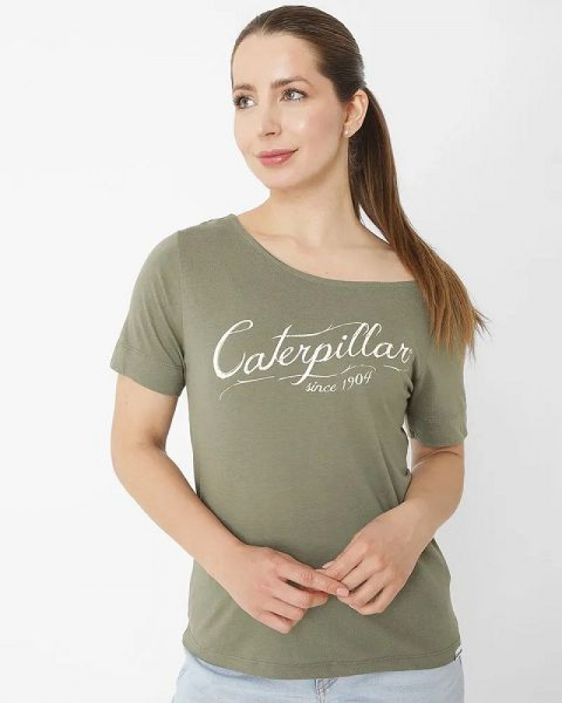 Khaki Women's Caterpillar Short Sleeve W Off The Shoulder Tee T-Shirt | 690185-AJY