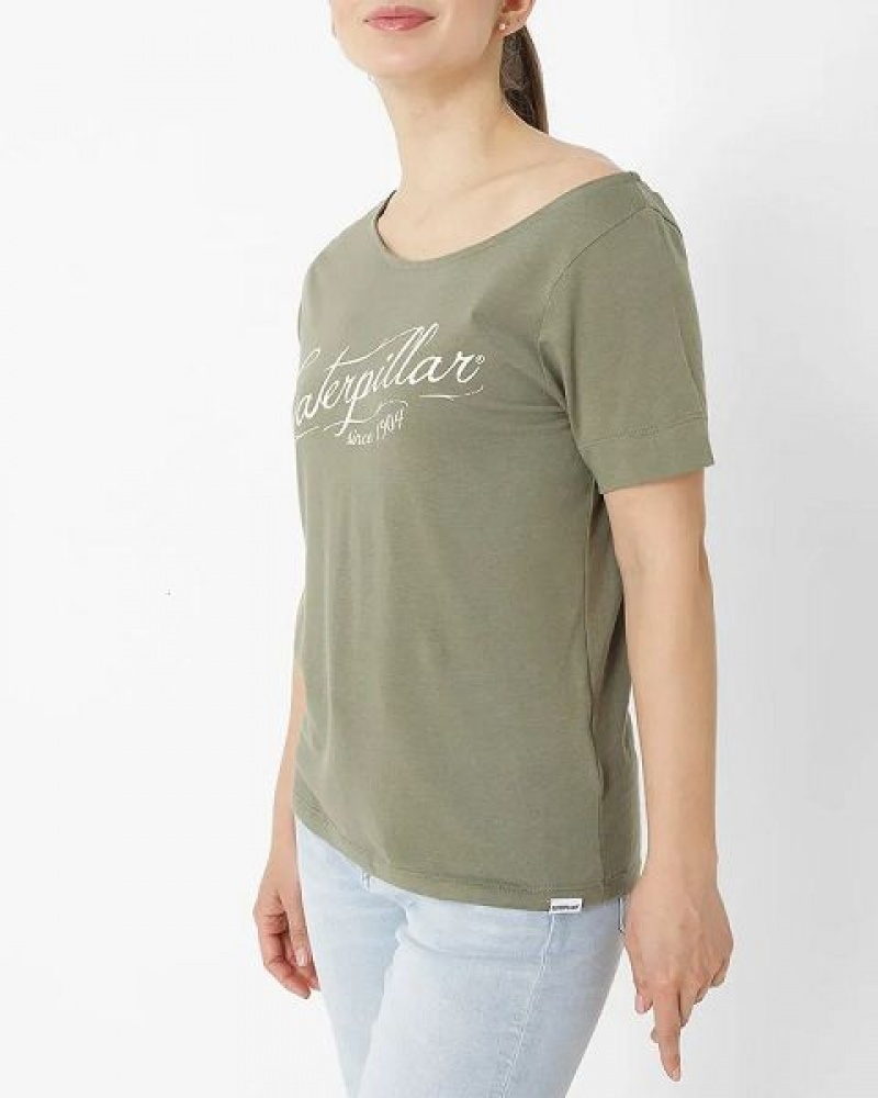 Khaki Women's Caterpillar Short Sleeve W Off The Shoulder Tee T-Shirt | 690185-AJY