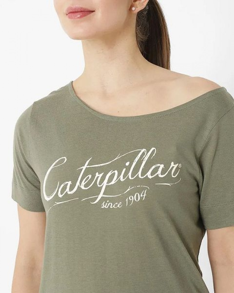 Khaki Women's Caterpillar Short Sleeve W Off The Shoulder Tee T-Shirt | 690185-AJY