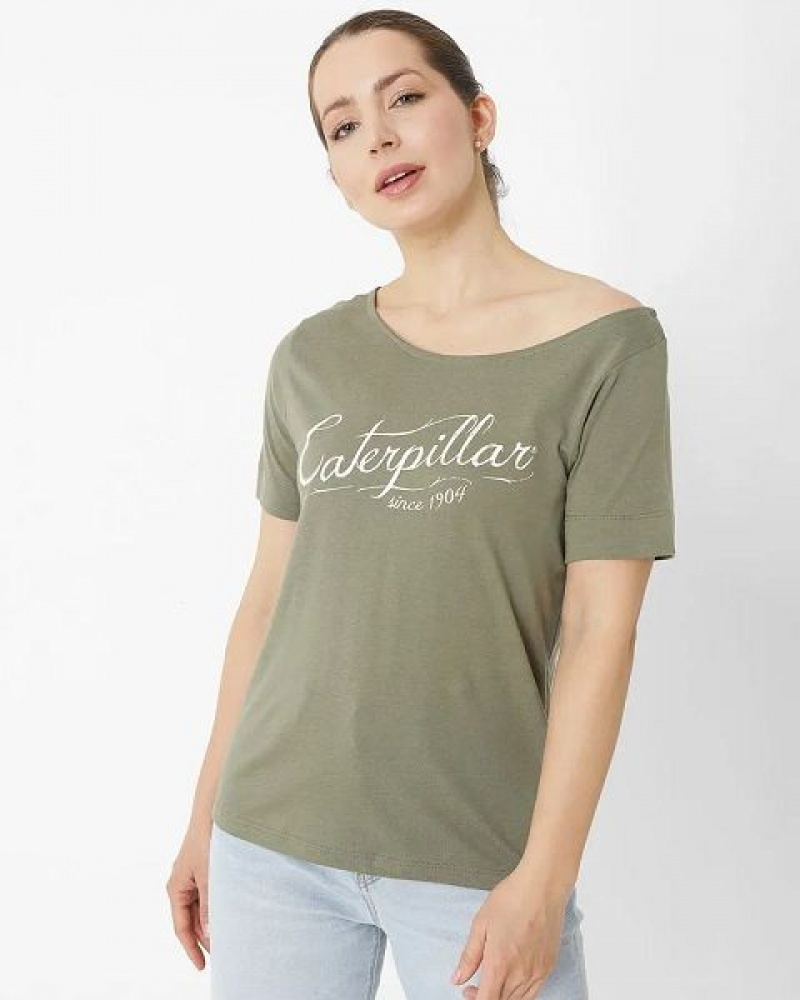 Khaki Women\'s Caterpillar Short Sleeve W Off The Shoulder Tee T-Shirt | 690185-AJY