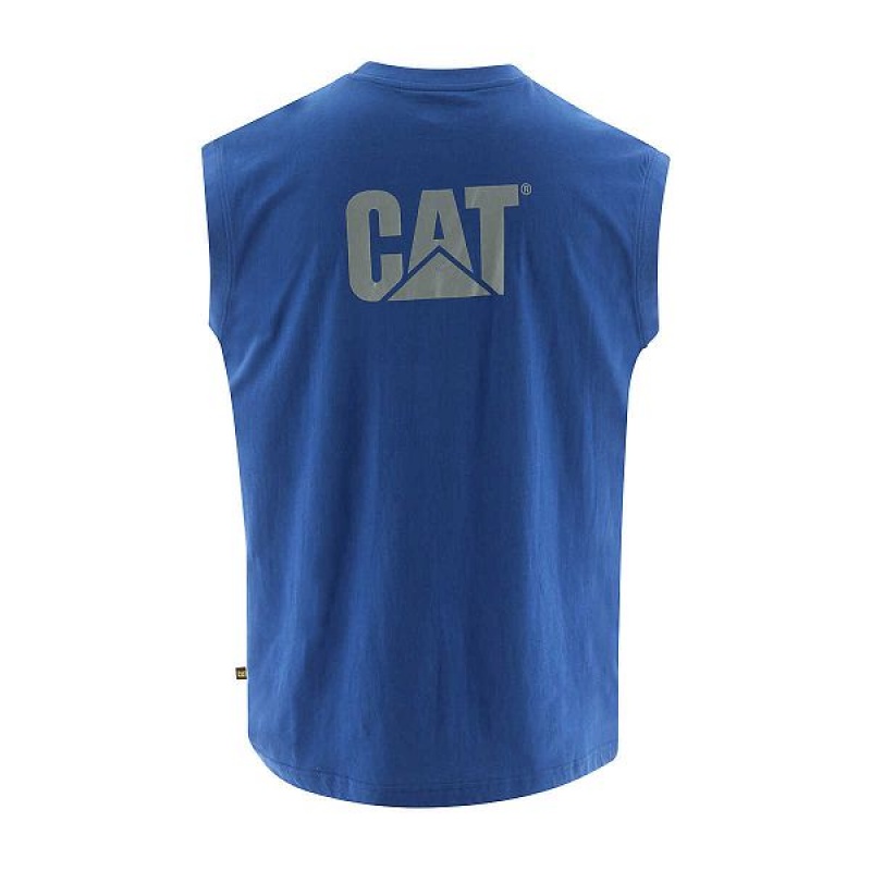 Light / Blue Men's Caterpillar Trademark Sleeveless Pocket Tee T-Shirt | 268197-XDN