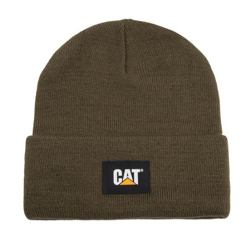 Olive Men\'s Caterpillar Cat Label Cuff Beanie | 754830-RVS