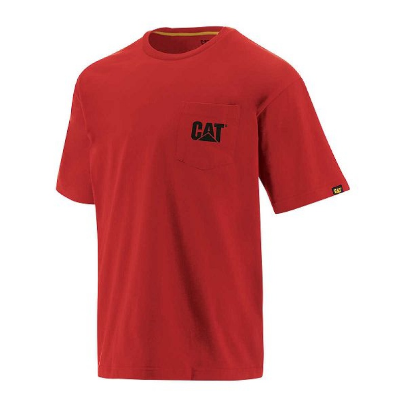 Red Men\'s Caterpillar Trademark Pocket Tee T-Shirt | 794183-QEZ