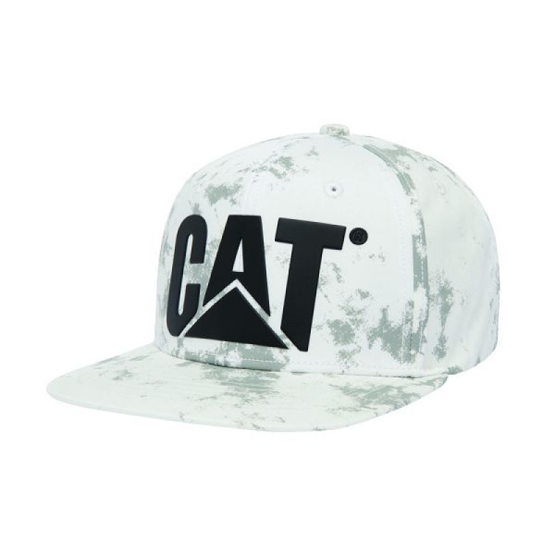 White Men\'s Caterpillar Aop Cat Logo Flat Bill Hats | 135692-JKD