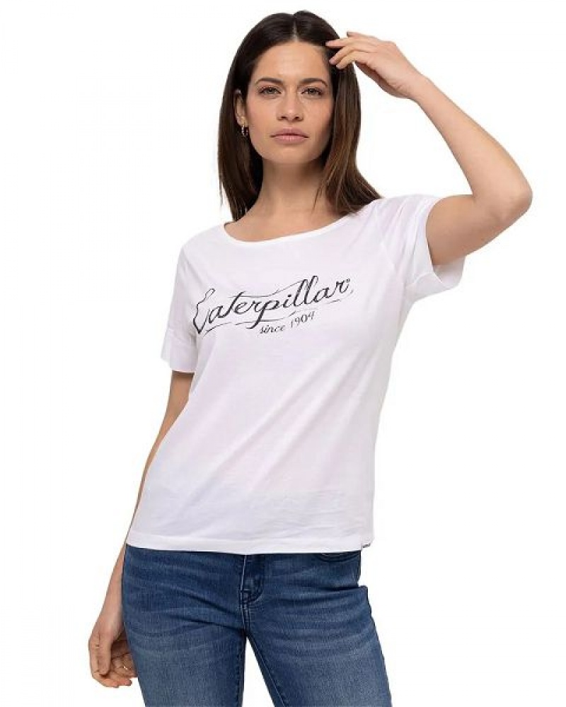 White Women's Caterpillar Short Sleeve W Off The Shoulder Tee T-Shirt | 946357-KIF