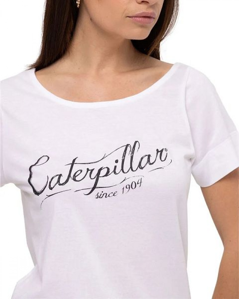 White Women's Caterpillar Short Sleeve W Off The Shoulder Tee T-Shirt | 946357-KIF