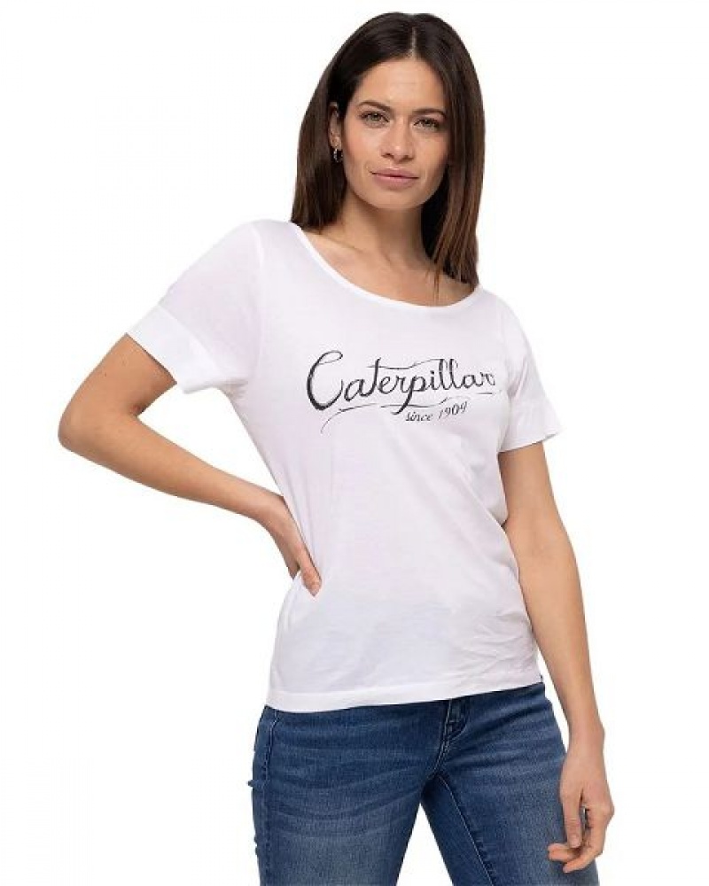 White Women\'s Caterpillar Short Sleeve W Off The Shoulder Tee T-Shirt | 946357-KIF