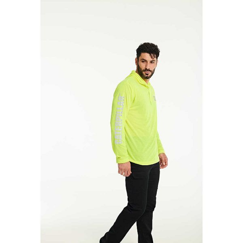 Yellow Men's Caterpillar HiVis UPF Hooded Long Sleeve Tee T-Shirt | 315697-TOF