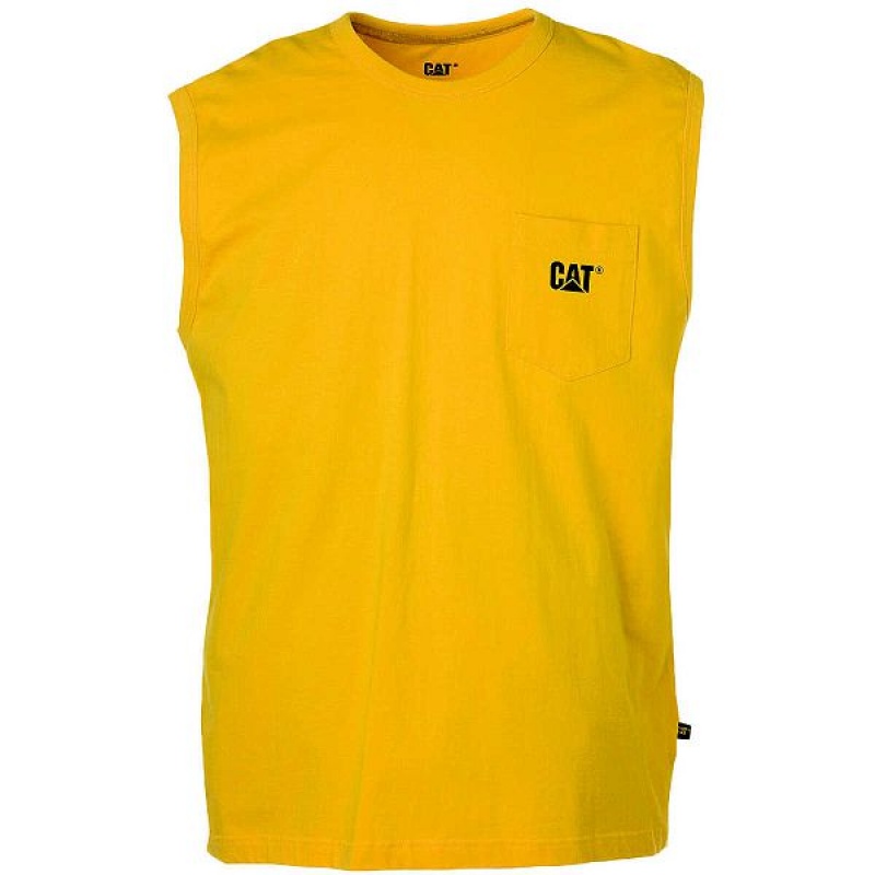 Yellow Men\'s Caterpillar Trademark Sleeveless Pocket Tee T-Shirt | 596483-OUF